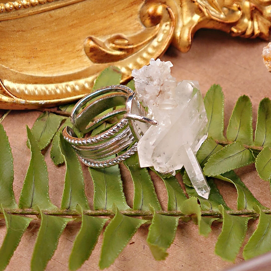 Raw White Crystal Adjustable Ring – Natural Mineral Stone Ring, Handmade One of a Kind Jewelry-084