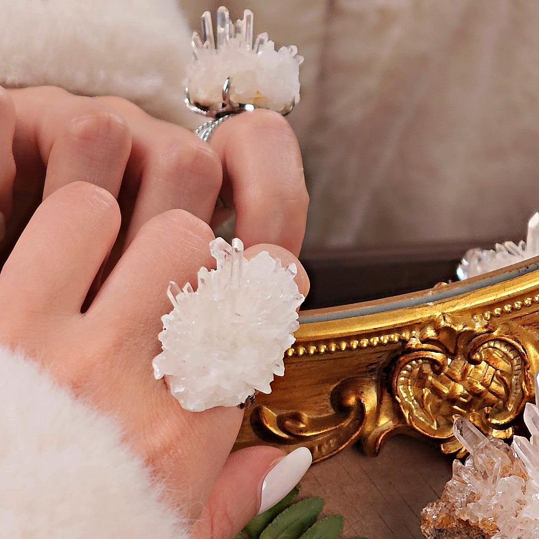 Raw White Crystal Adjustable Ring – Natural Mineral Stone Ring, Handmade One of a Kind Jewelry-085