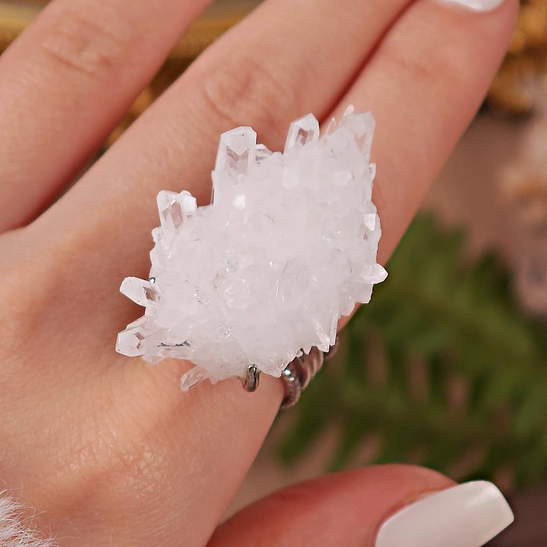 Raw White Crystal Adjustable Ring – Natural Mineral Stone Ring, Handmade One of a Kind Jewelry-086