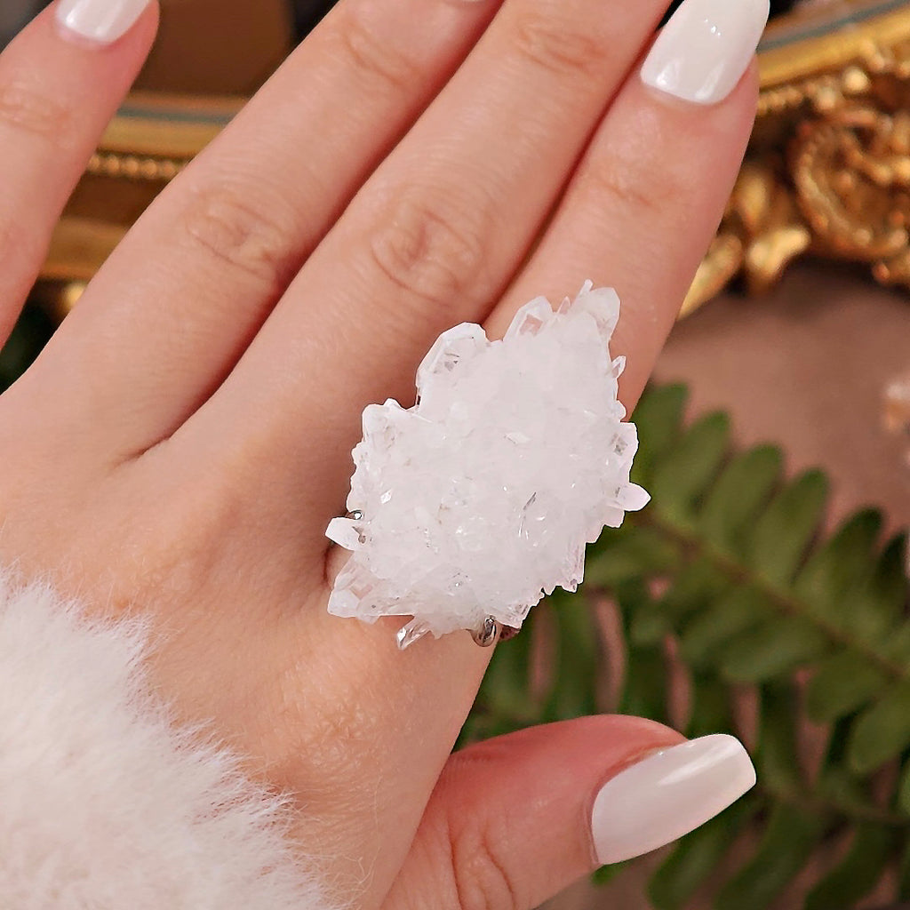 Raw White Crystal Adjustable Ring – Natural Mineral Stone Ring, Handmade One of a Kind Jewelry-086