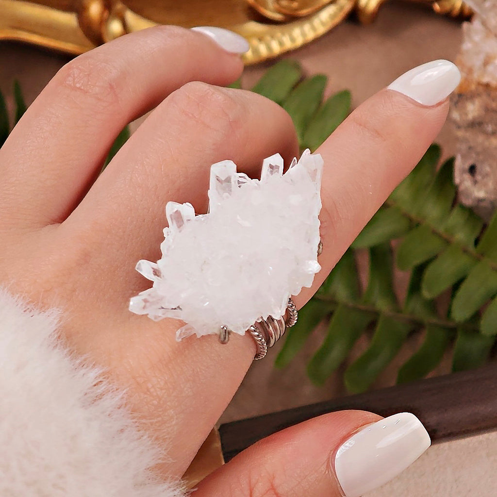Raw White Crystal Adjustable Ring – Natural Mineral Stone Ring, Handmade One of a Kind Jewelry-086