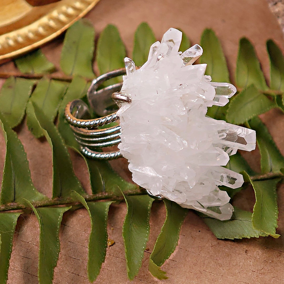Raw White Crystal Adjustable Ring – Natural Mineral Stone Ring, Handmade One of a Kind Jewelry-086