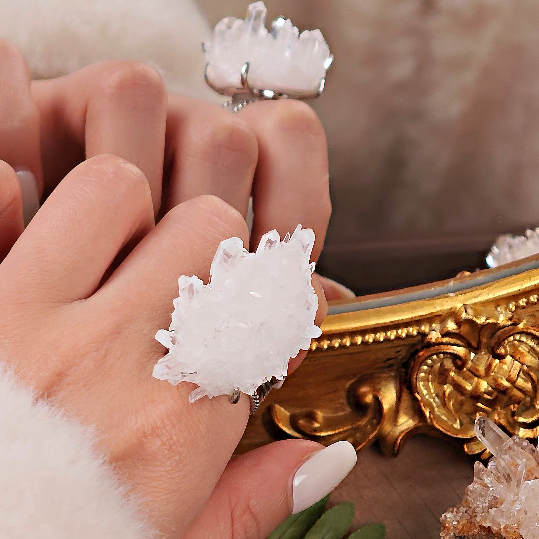Raw White Crystal Adjustable Ring – Natural Mineral Stone Ring, Handmade One of a Kind Jewelry-086
