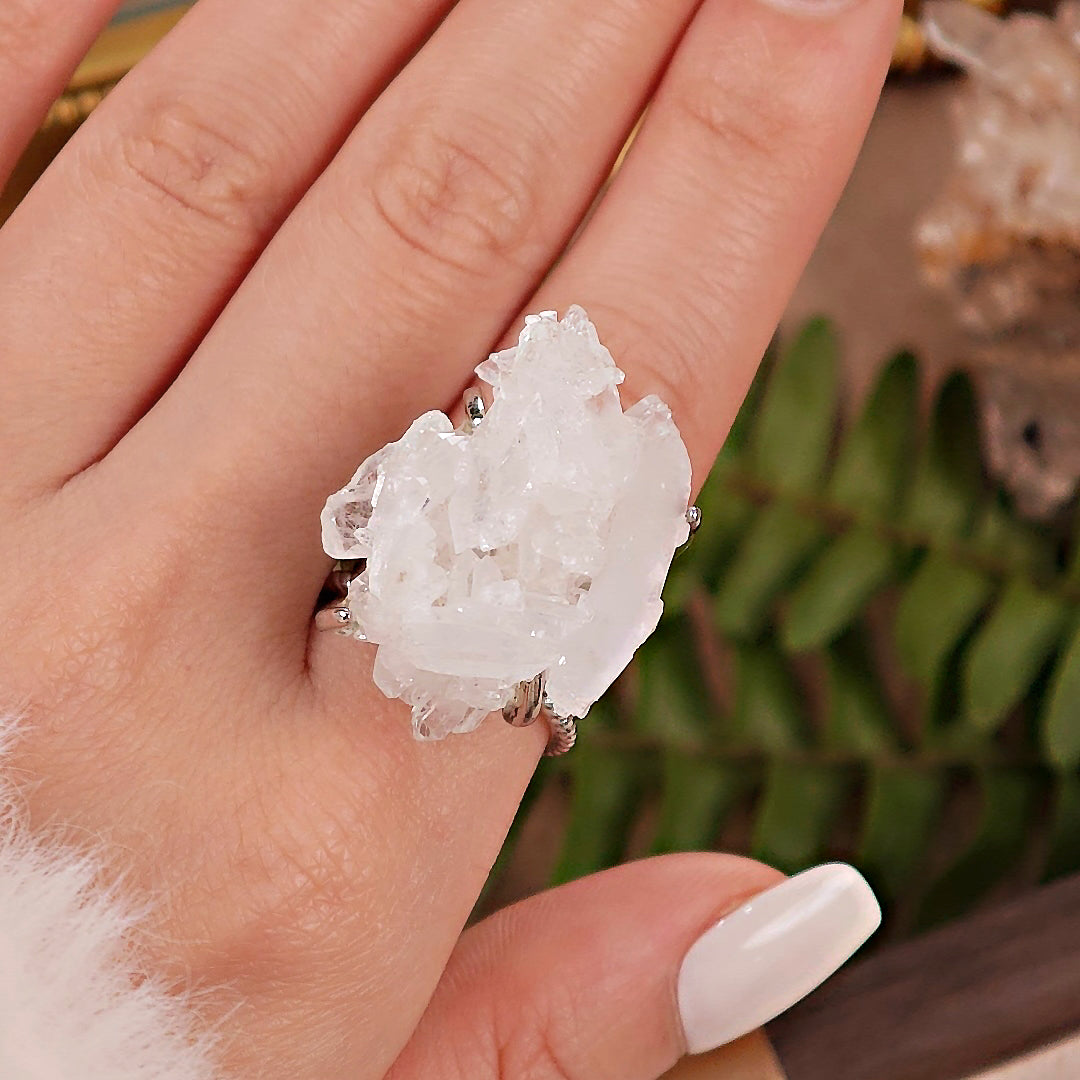 Raw White Crystal Adjustable Ring – Natural Mineral Stone Ring, Handmade One of a Kind Jewelry-087