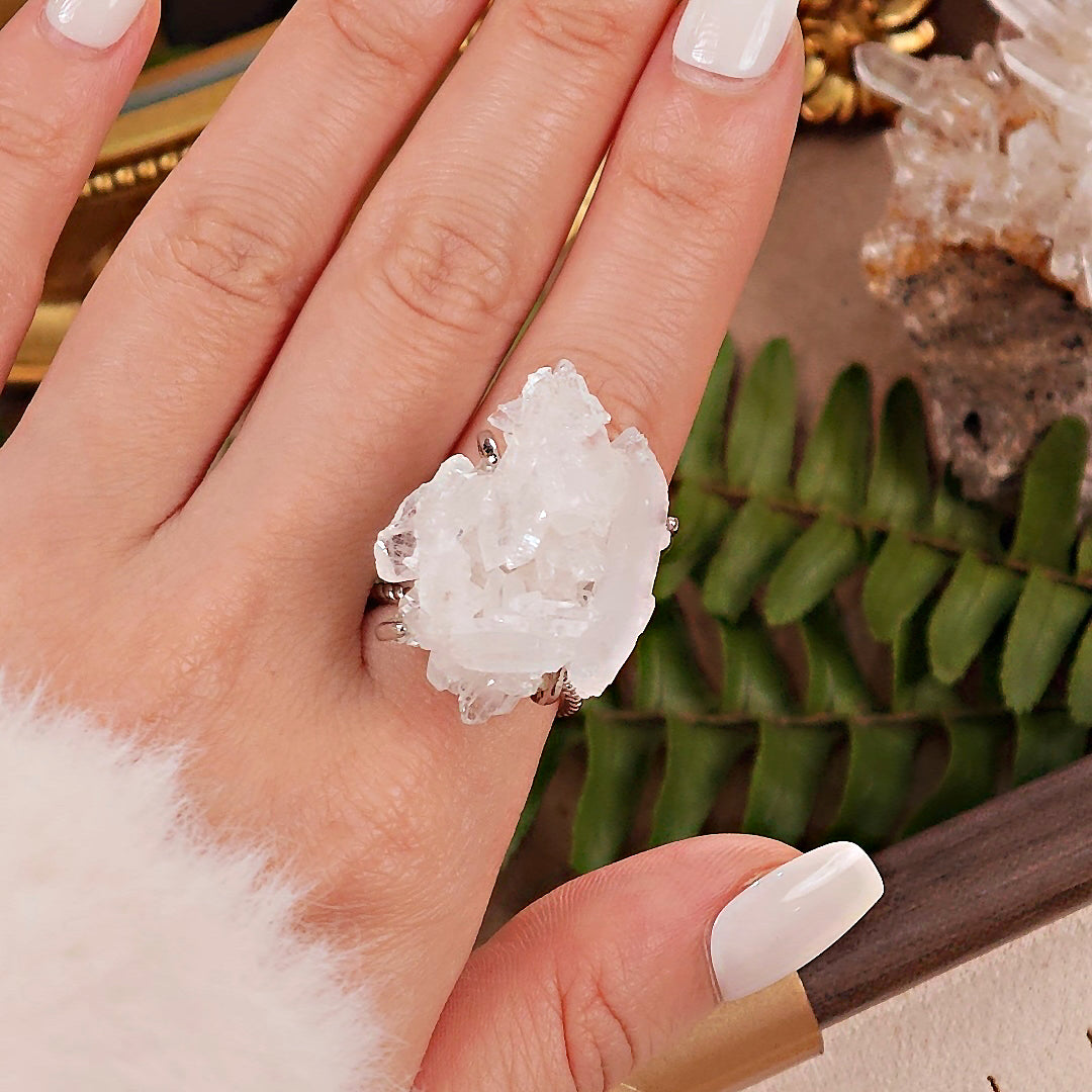 Raw White Crystal Adjustable Ring – Natural Mineral Stone Ring, Handmade One of a Kind Jewelry-087