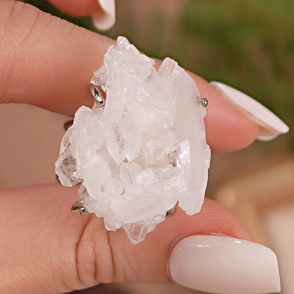 Raw White Crystal Adjustable Ring – Natural Mineral Stone Ring, Handmade One of a Kind Jewelry-087