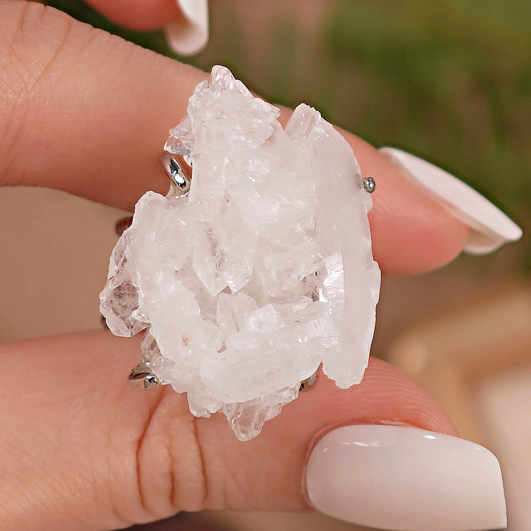 Raw White Crystal Adjustable Ring – Natural Mineral Stone Ring, Handmade One of a Kind Jewelry-087