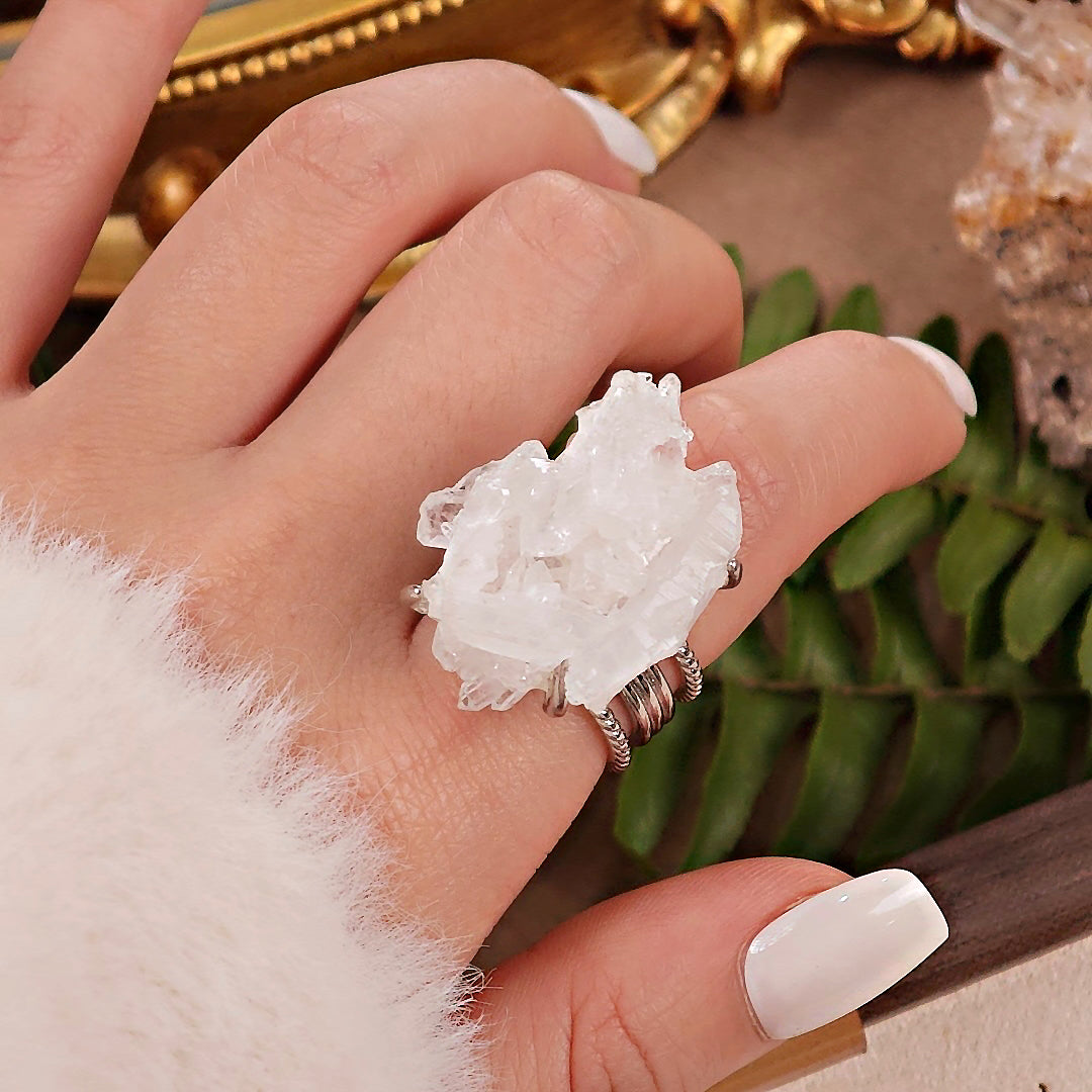 Raw White Crystal Adjustable Ring – Natural Mineral Stone Ring, Handmade One of a Kind Jewelry-087