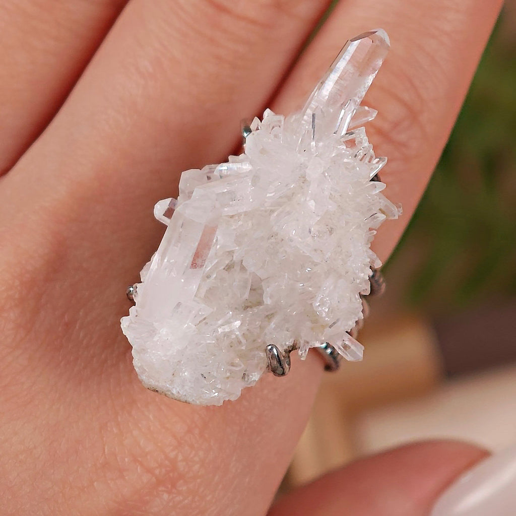 Raw White Crystal Adjustable Ring – Natural Mineral Stone Ring, Handmade One of a Kind Jewelry-088