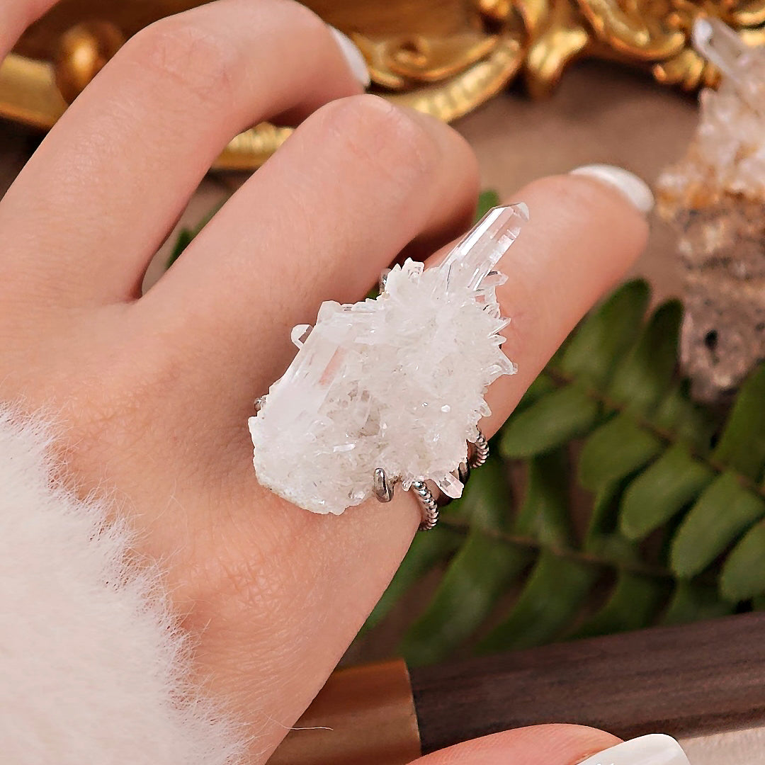 Raw White Crystal Adjustable Ring – Natural Mineral Stone Ring, Handmade One of a Kind Jewelry-088