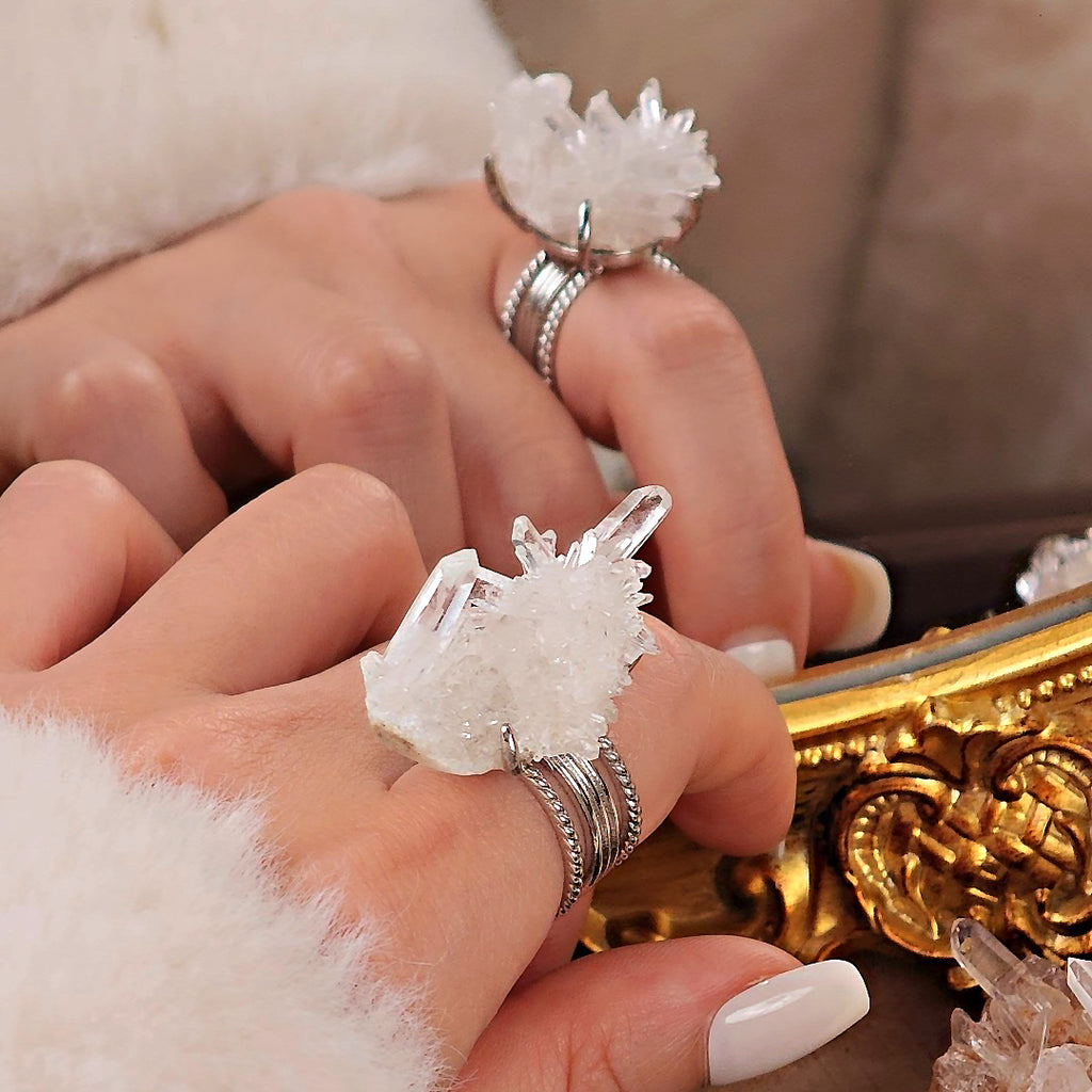 Raw White Crystal Adjustable Ring – Natural Mineral Stone Ring, Handmade One of a Kind Jewelry-088