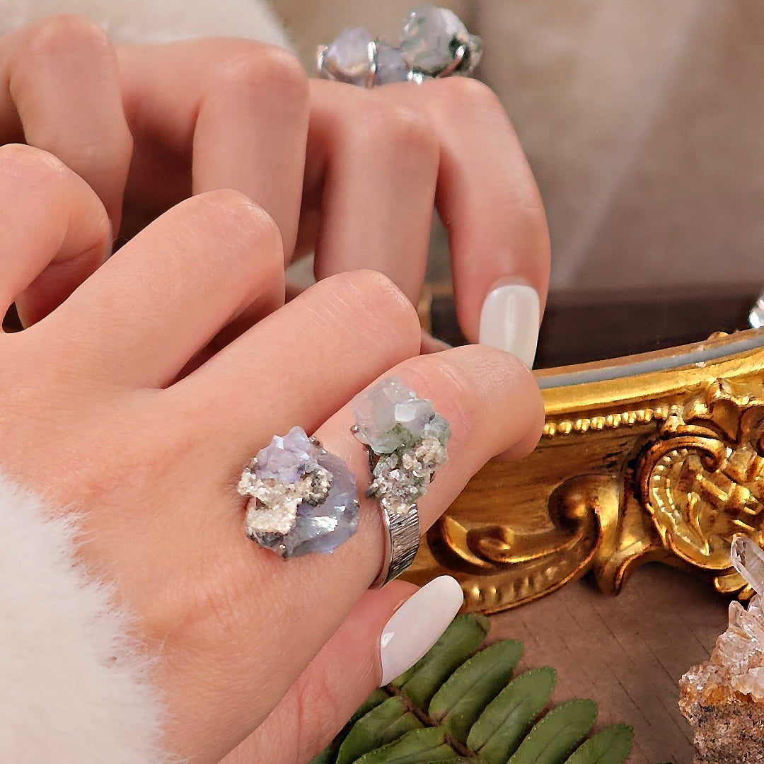 Raw Fluorite Adjustable Ring – Natural Mineral Stone Ring, Handmade One of a Kind Jewelry-089