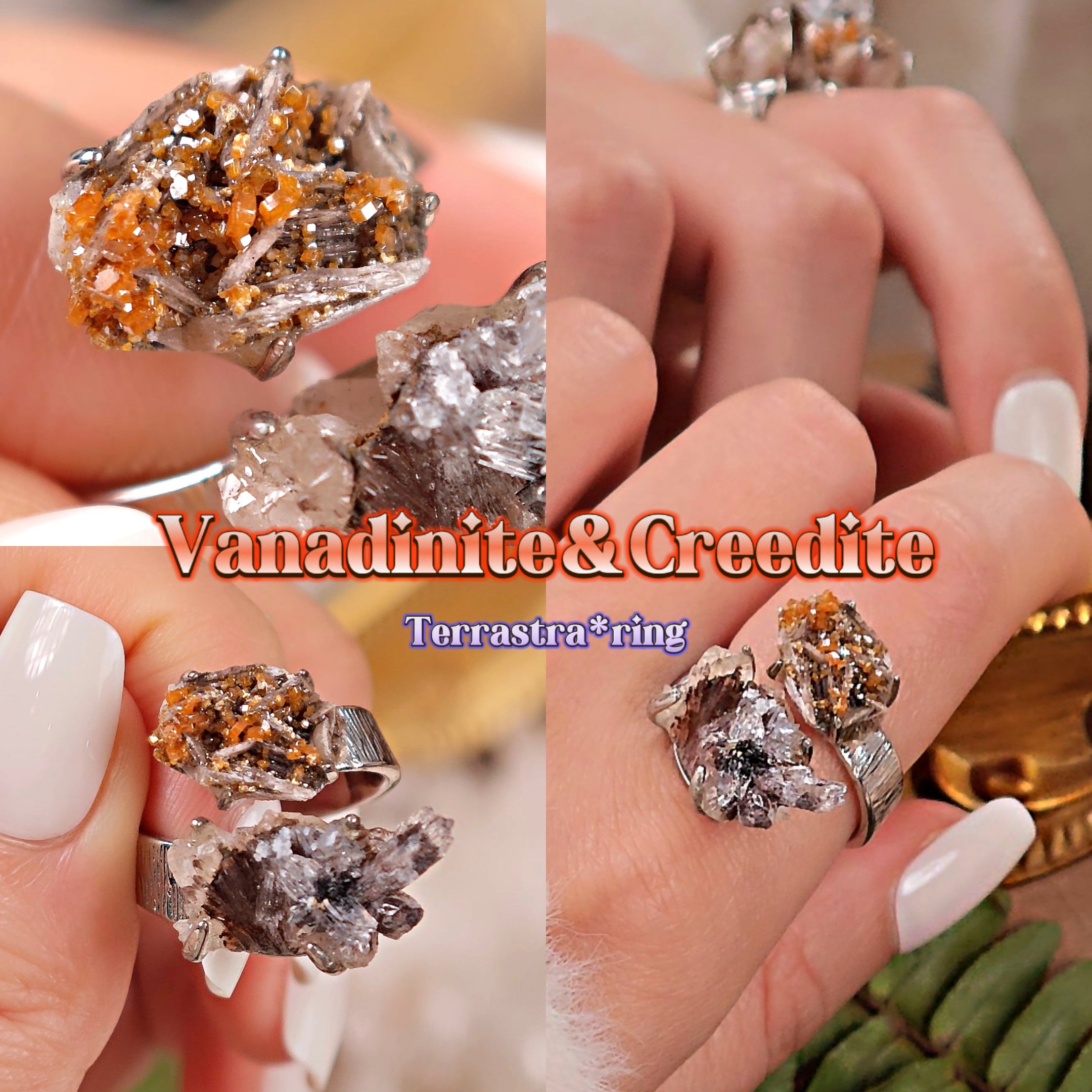 Raw Vanadinite&Creedite Adjustable Ring – Natural Mineral Stone Ring, Handmade One of a Kind Jewelry-090
