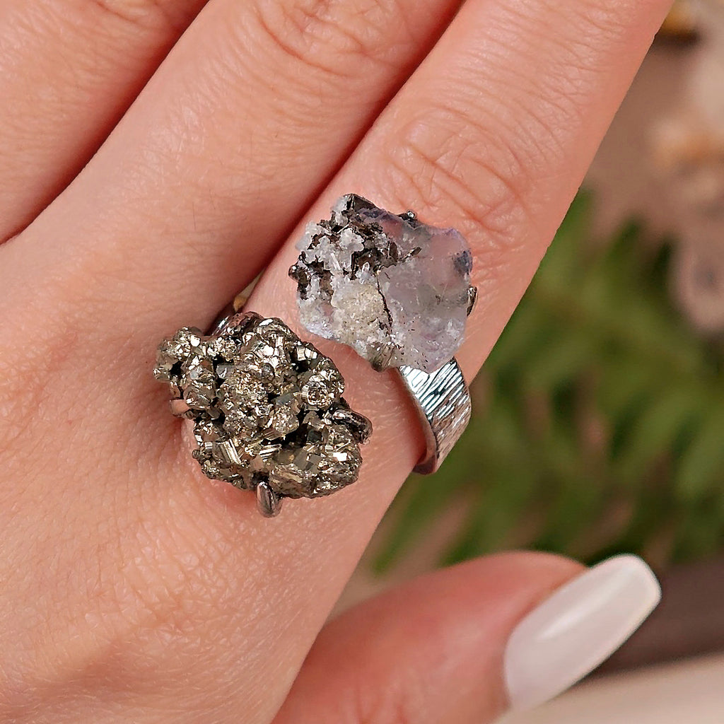 Raw Fluorite&Chalcopyrite Adjustable Ring – Natural Mineral Stone Ring, Handmade One of a Kind Jewelry-091