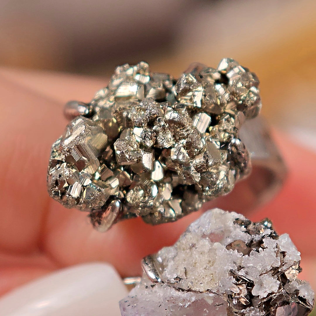 Raw Fluorite&Chalcopyrite Adjustable Ring – Natural Mineral Stone Ring, Handmade One of a Kind Jewelry-091