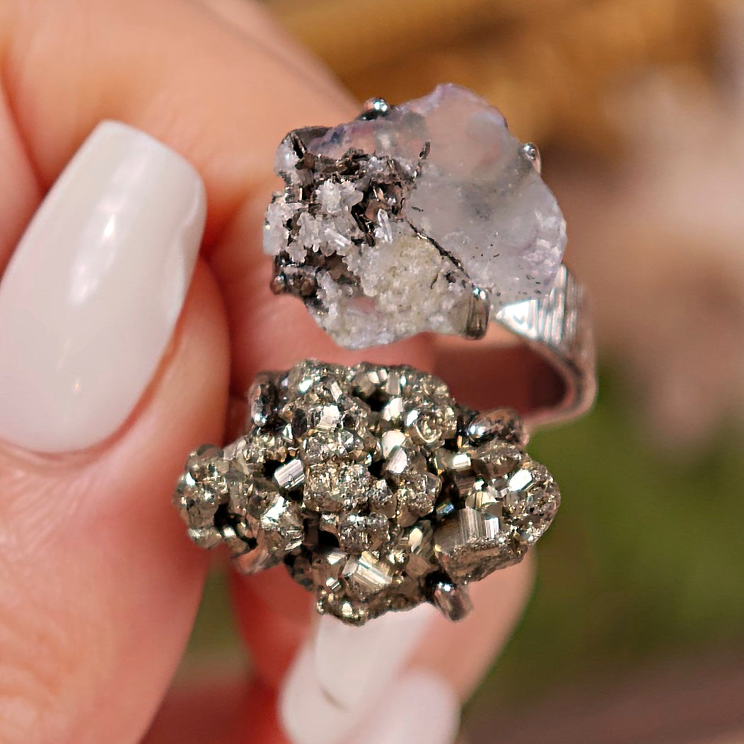 Raw Fluorite&Chalcopyrite Adjustable Ring – Natural Mineral Stone Ring, Handmade One of a Kind Jewelry-091