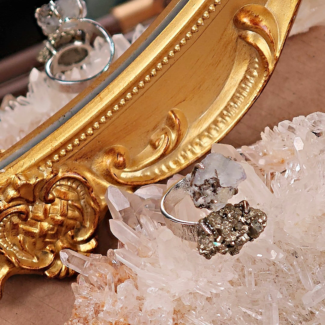 Raw Fluorite&Chalcopyrite Adjustable Ring – Natural Mineral Stone Ring, Handmade One of a Kind Jewelry-091