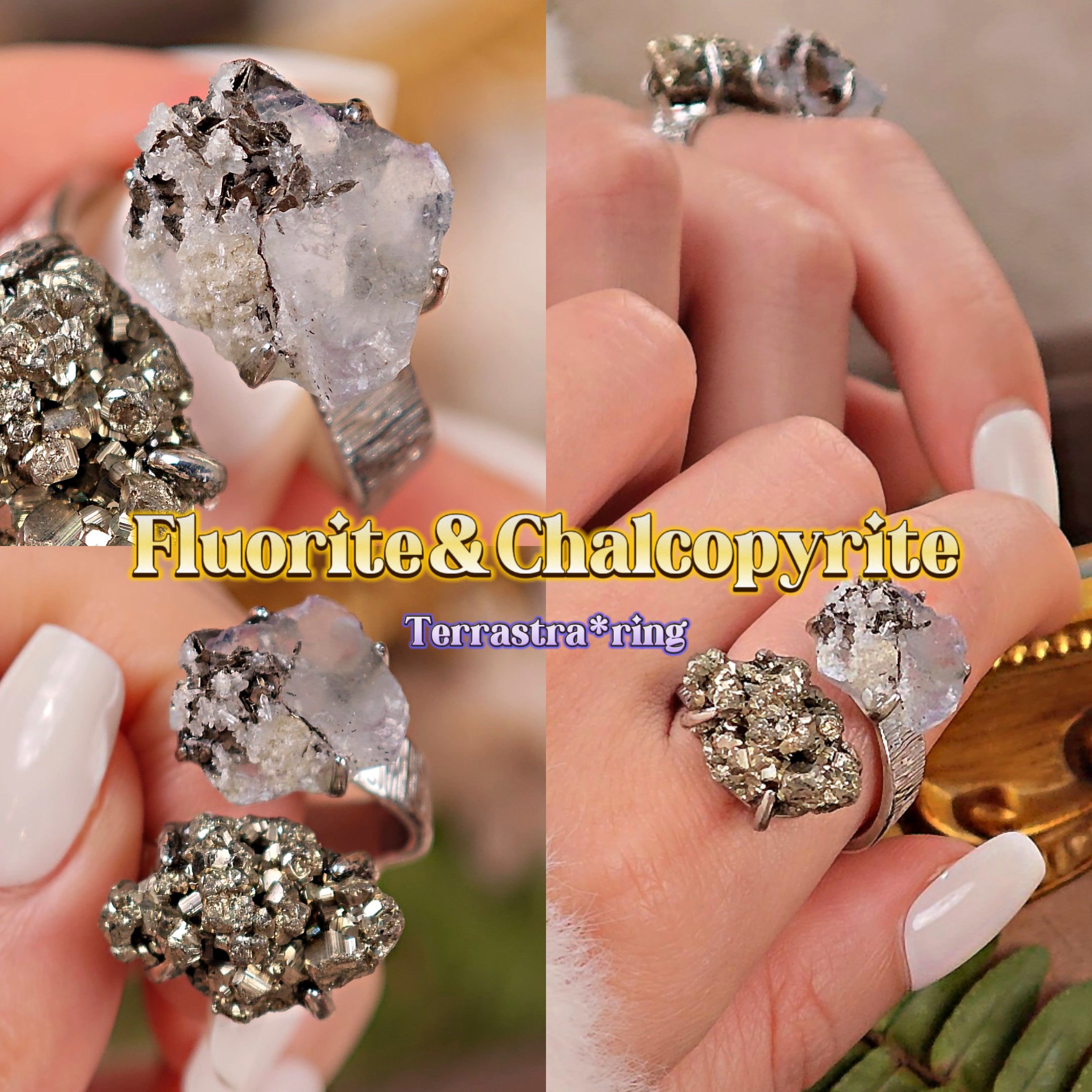 Raw Fluorite&Chalcopyrite Adjustable Ring – Natural Mineral Stone Ring, Handmade One of a Kind Jewelry-091