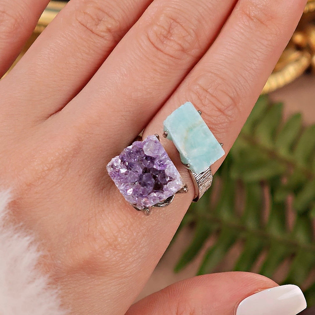 Raw Amethyst&Larimar Adjustable Ring – Natural Mineral Stone Ring, Handmade One of a Kind Jewelry-092