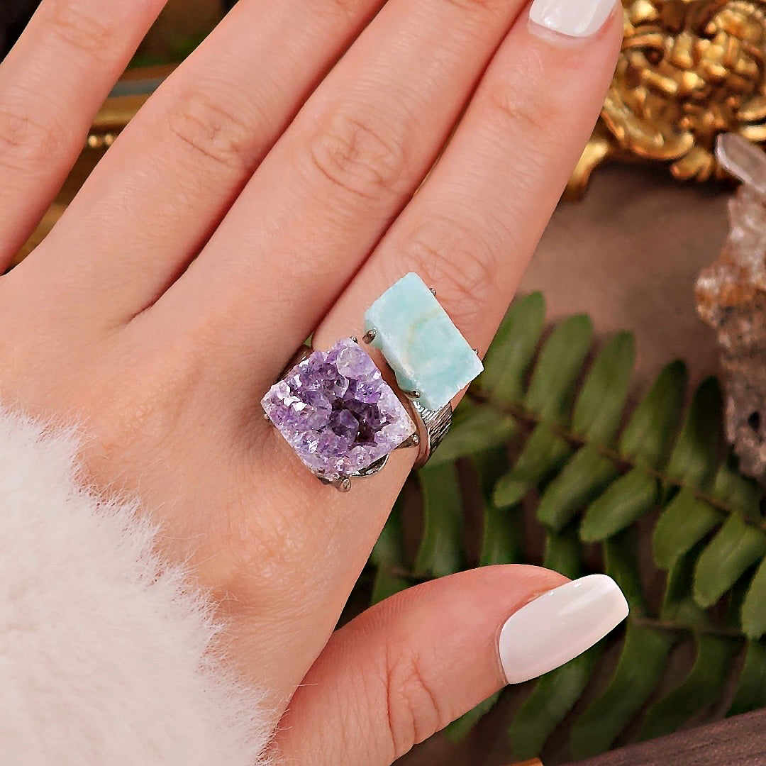 Raw Amethyst&Larimar Adjustable Ring – Natural Mineral Stone Ring, Handmade One of a Kind Jewelry-092