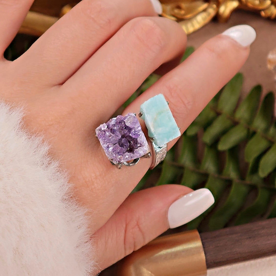 Raw Amethyst&Larimar Adjustable Ring – Natural Mineral Stone Ring, Handmade One of a Kind Jewelry-092