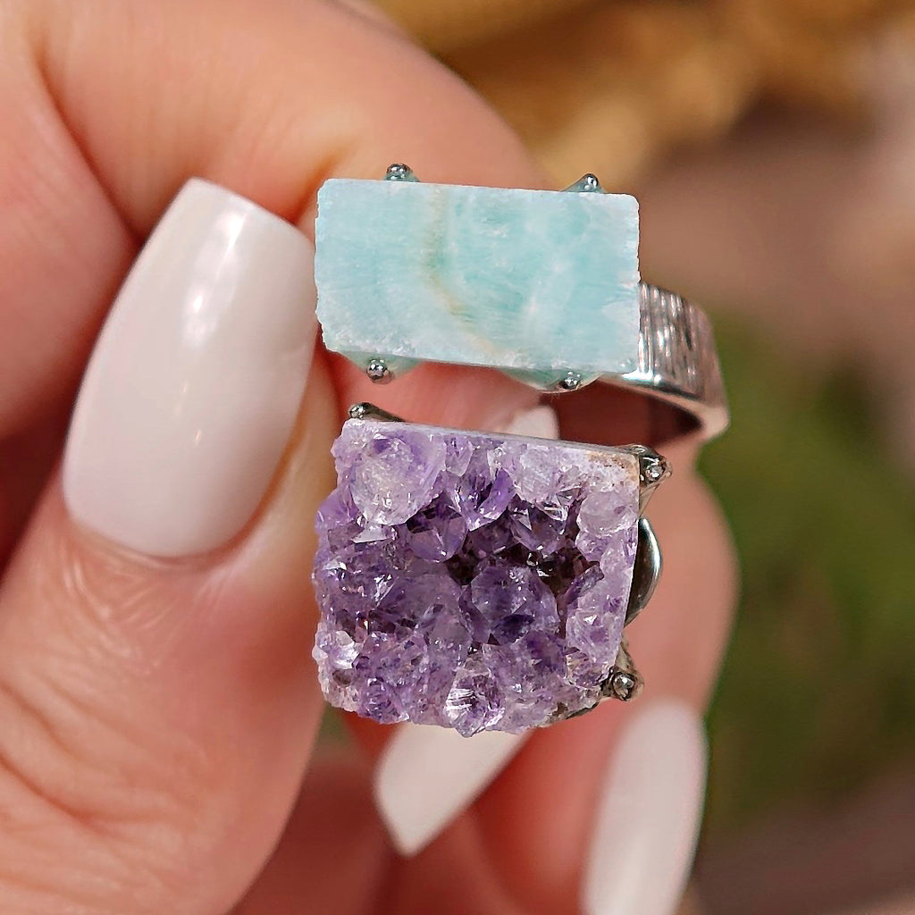 Raw Amethyst&Larimar Adjustable Ring – Natural Mineral Stone Ring, Handmade One of a Kind Jewelry-092