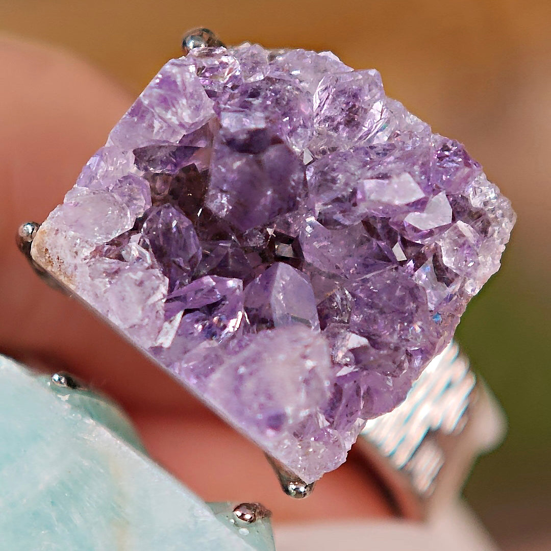Raw Amethyst&Larimar Adjustable Ring – Natural Mineral Stone Ring, Handmade One of a Kind Jewelry-092