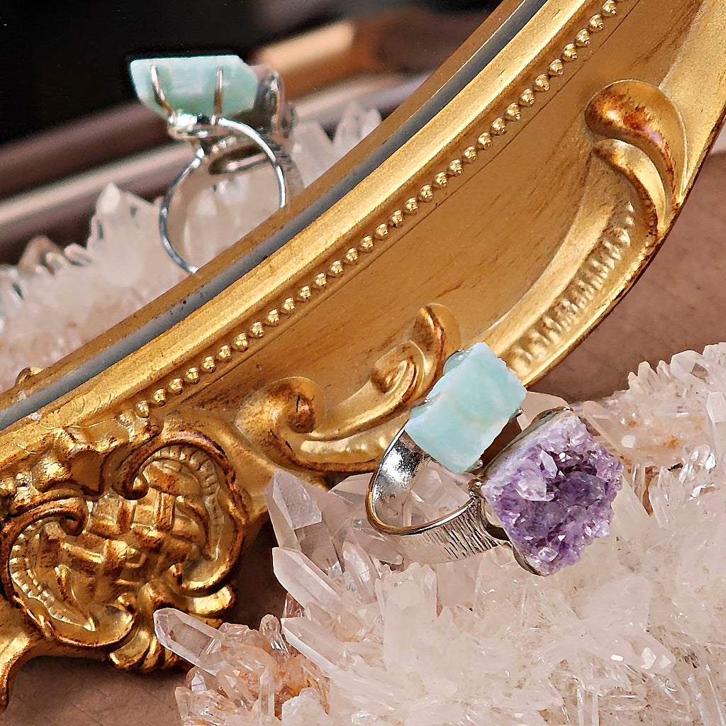 Raw Amethyst&Larimar Adjustable Ring – Natural Mineral Stone Ring, Handmade One of a Kind Jewelry-092