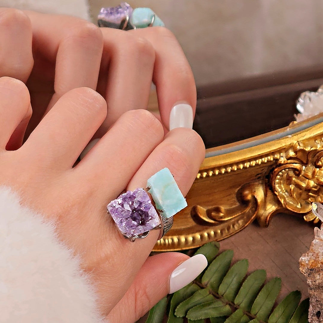 Raw Amethyst&Larimar Adjustable Ring – Natural Mineral Stone Ring, Handmade One of a Kind Jewelry-092