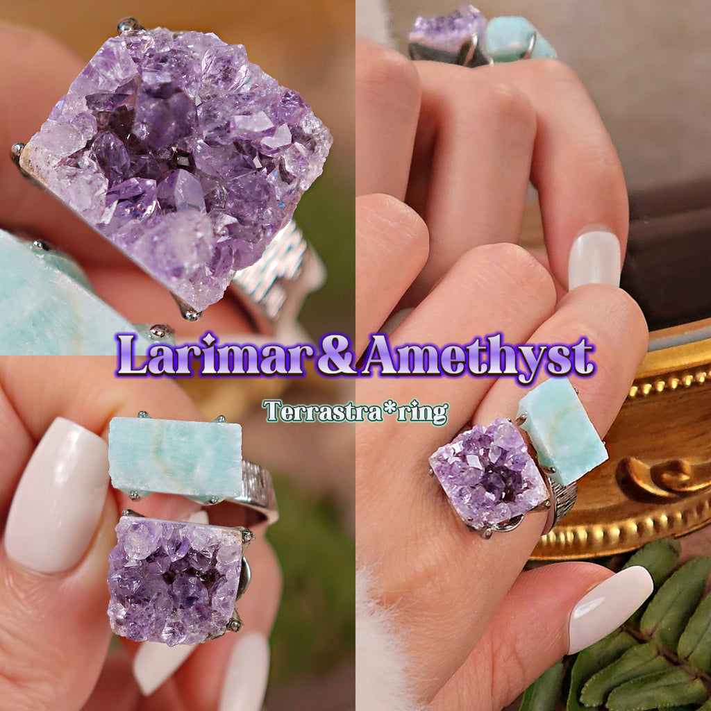 Raw Amethyst&Larimar Adjustable Ring – Natural Mineral Stone Ring, Handmade One of a Kind Jewelry-092
