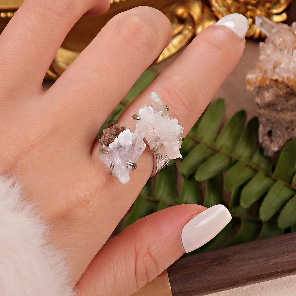 Raw Crystal&Creedite Adjustable Ring – Natural Mineral Stone Ring, Handmade One of a Kind Jewelry-093