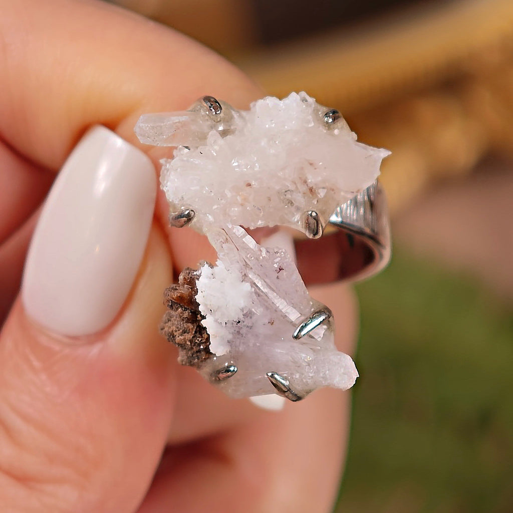 Raw Crystal&Creedite Adjustable Ring – Natural Mineral Stone Ring, Handmade One of a Kind Jewelry-093