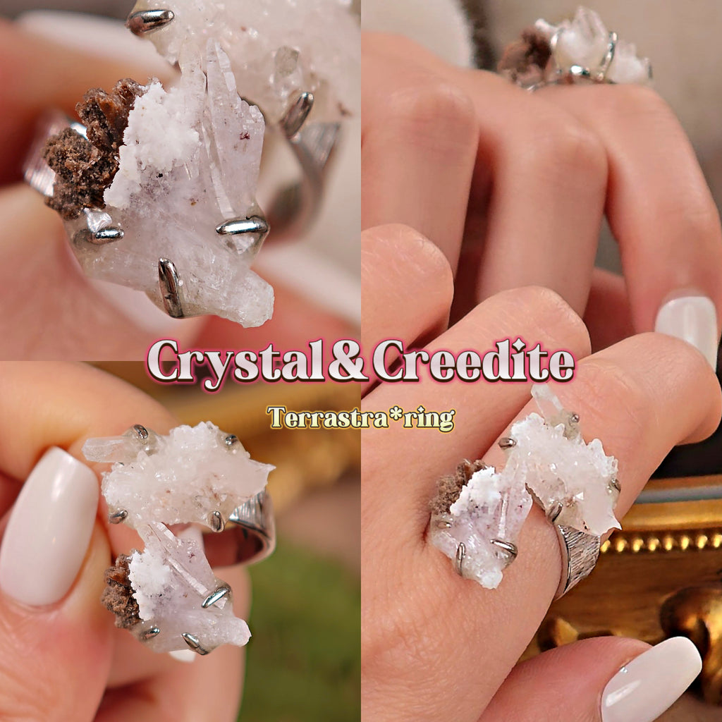 Raw Crystal&Creedite Adjustable Ring – Natural Mineral Stone Ring, Handmade One of a Kind Jewelry-093