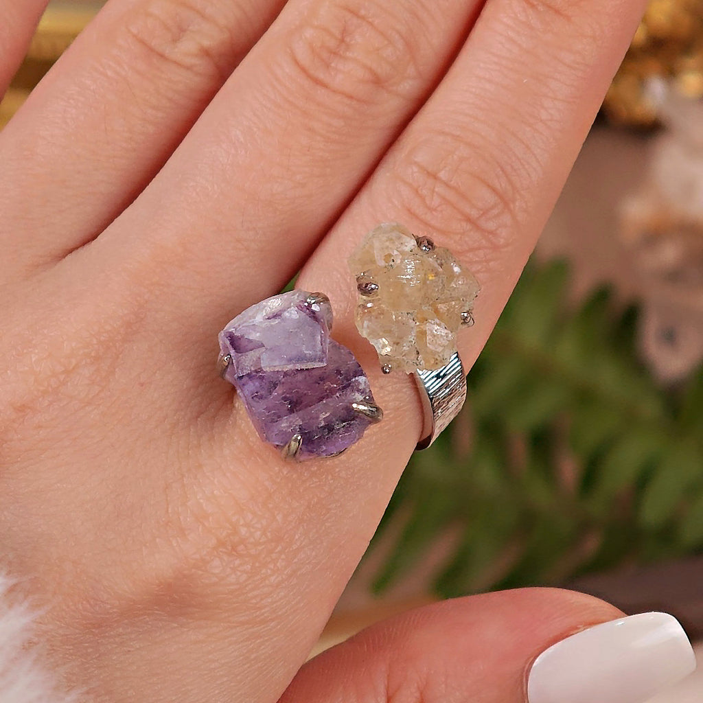 Raw Fluorite Adjustable Ring – Natural Mineral Stone Ring, Handmade One of a Kind Jewelry-094