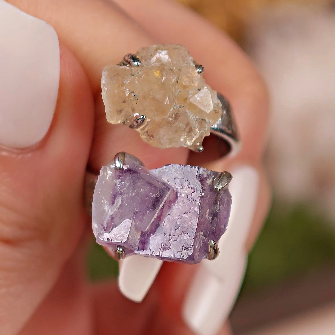 Raw Fluorite Adjustable Ring – Natural Mineral Stone Ring, Handmade One of a Kind Jewelry-094