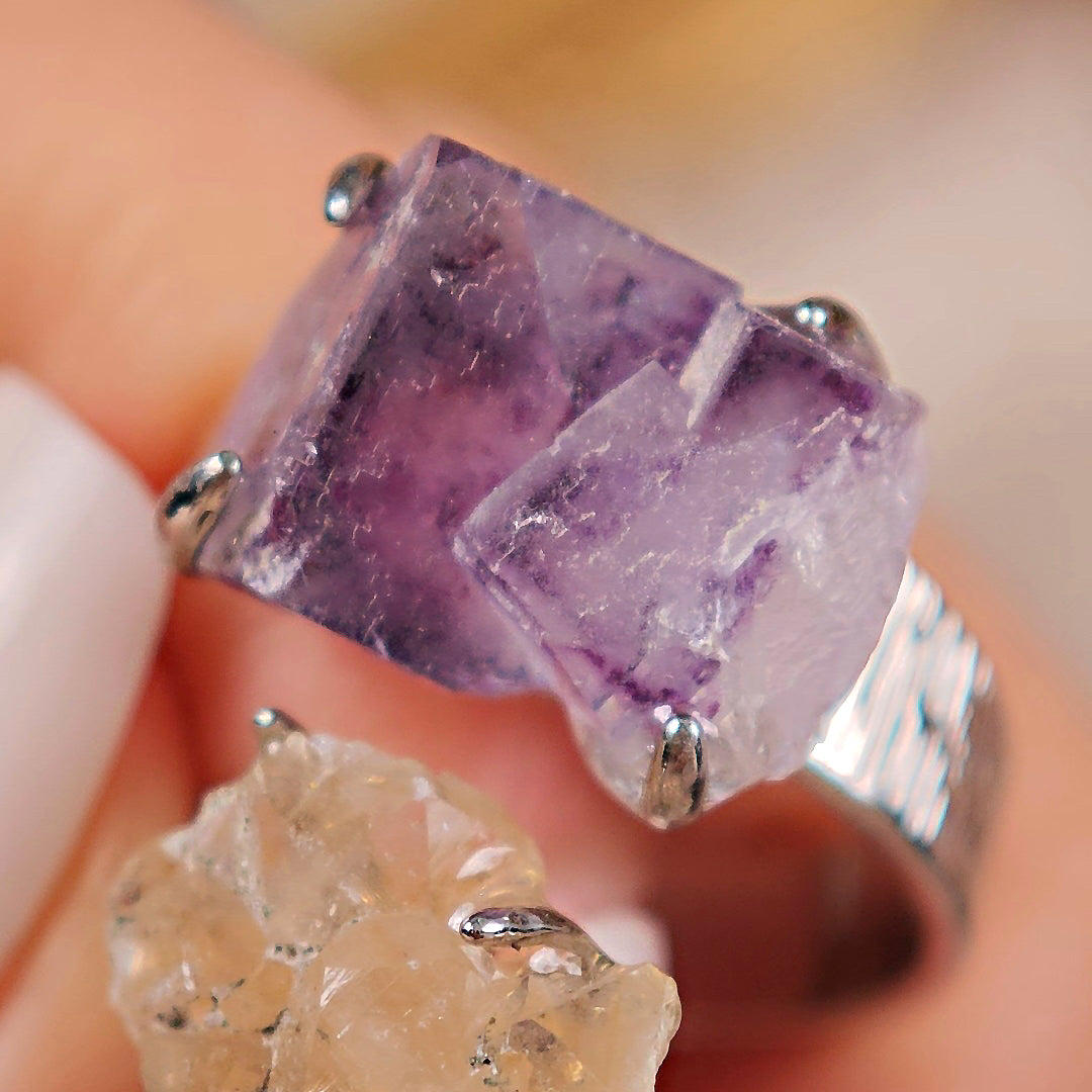 Raw Fluorite Adjustable Ring – Natural Mineral Stone Ring, Handmade One of a Kind Jewelry-094