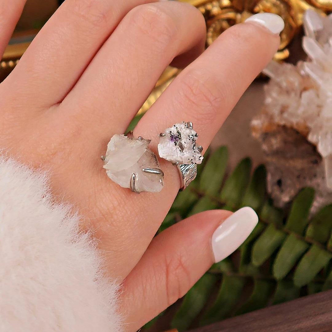 Raw Fluorite&Calcite Adjustable Ring – Natural Mineral Stone Ring, Handmade One of a Kind Jewelry-095