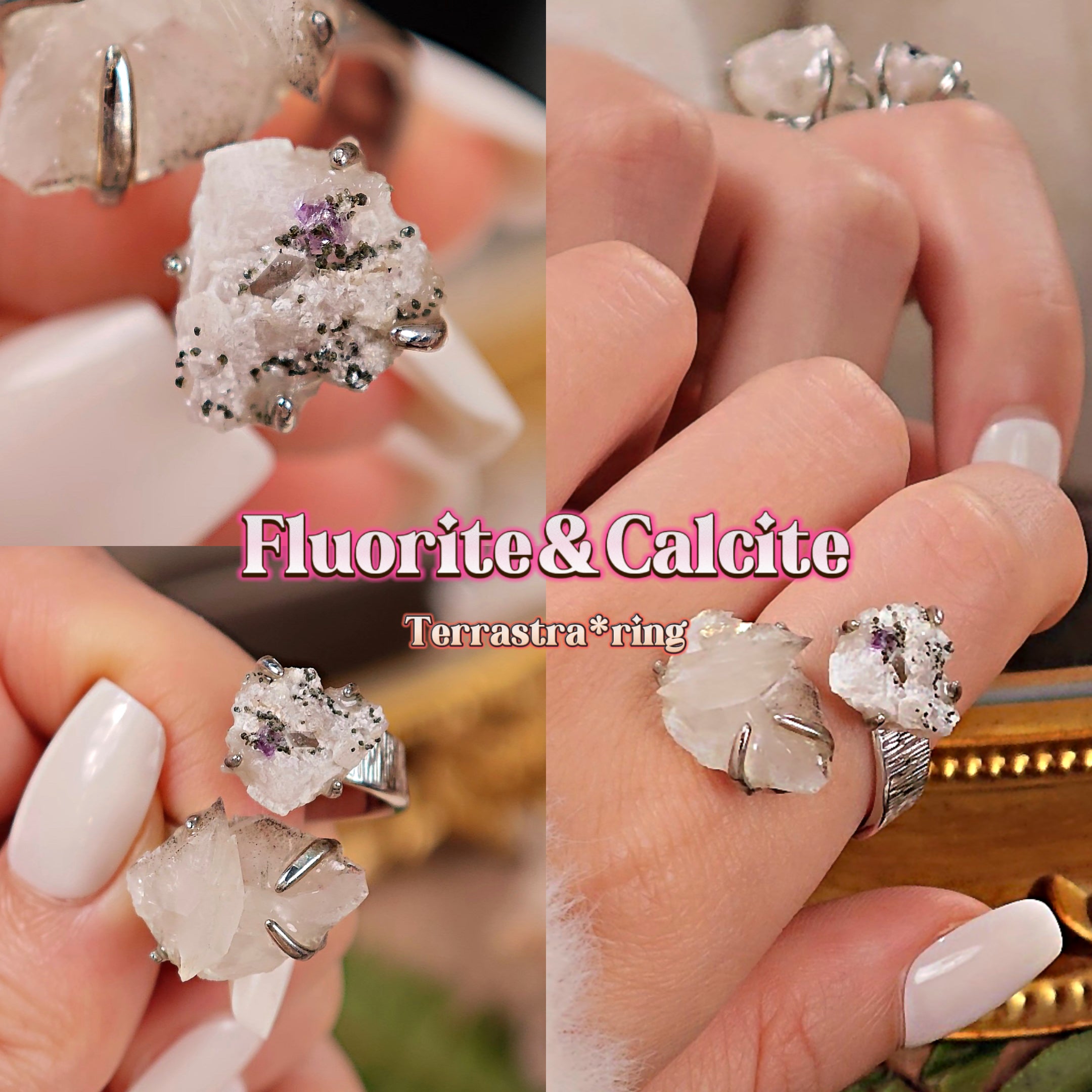 Raw Fluorite&Calcite Adjustable Ring – Natural Mineral Stone Ring, Handmade One of a Kind Jewelry-095