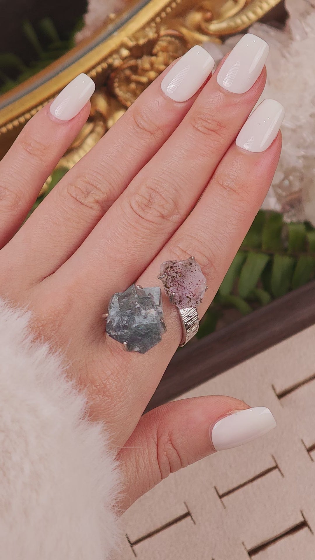 Raw Fluorite&Garden Quartz Adjustable Ring – Natural Mineral Stone Ring, Handmade One of a Kind Jewelry-067