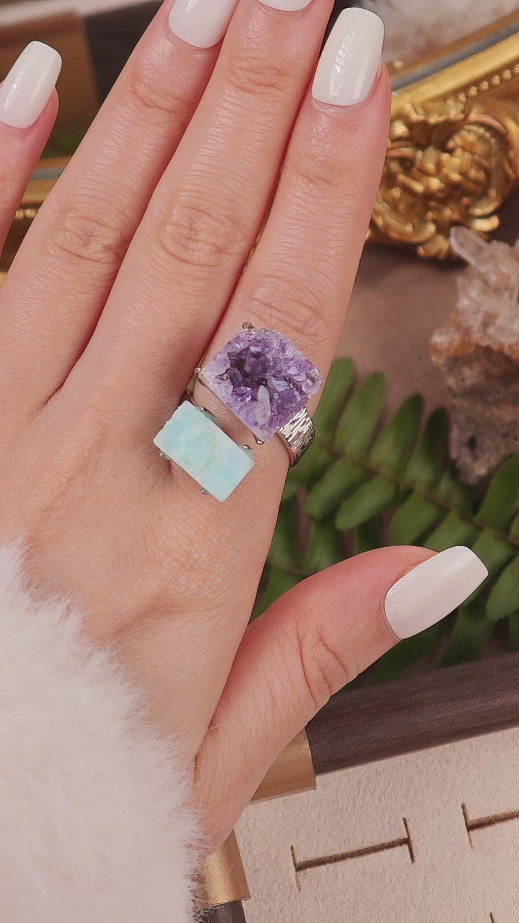 Raw Amethyst&Larimar Adjustable Ring – Natural Mineral Stone Ring, Handmade One of a Kind Jewelry-092
