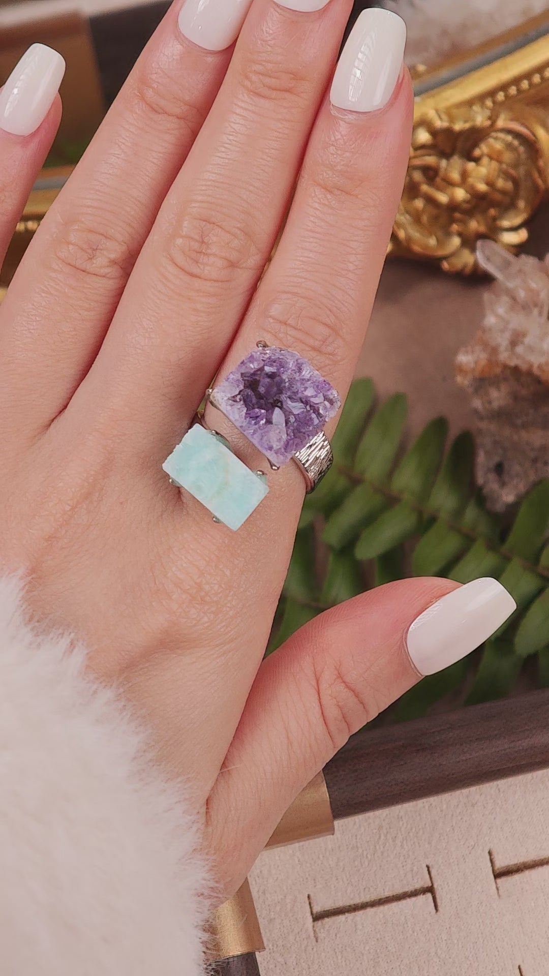 Raw Amethyst&Larimar Adjustable Ring – Natural Mineral Stone Ring, Handmade One of a Kind Jewelry-092