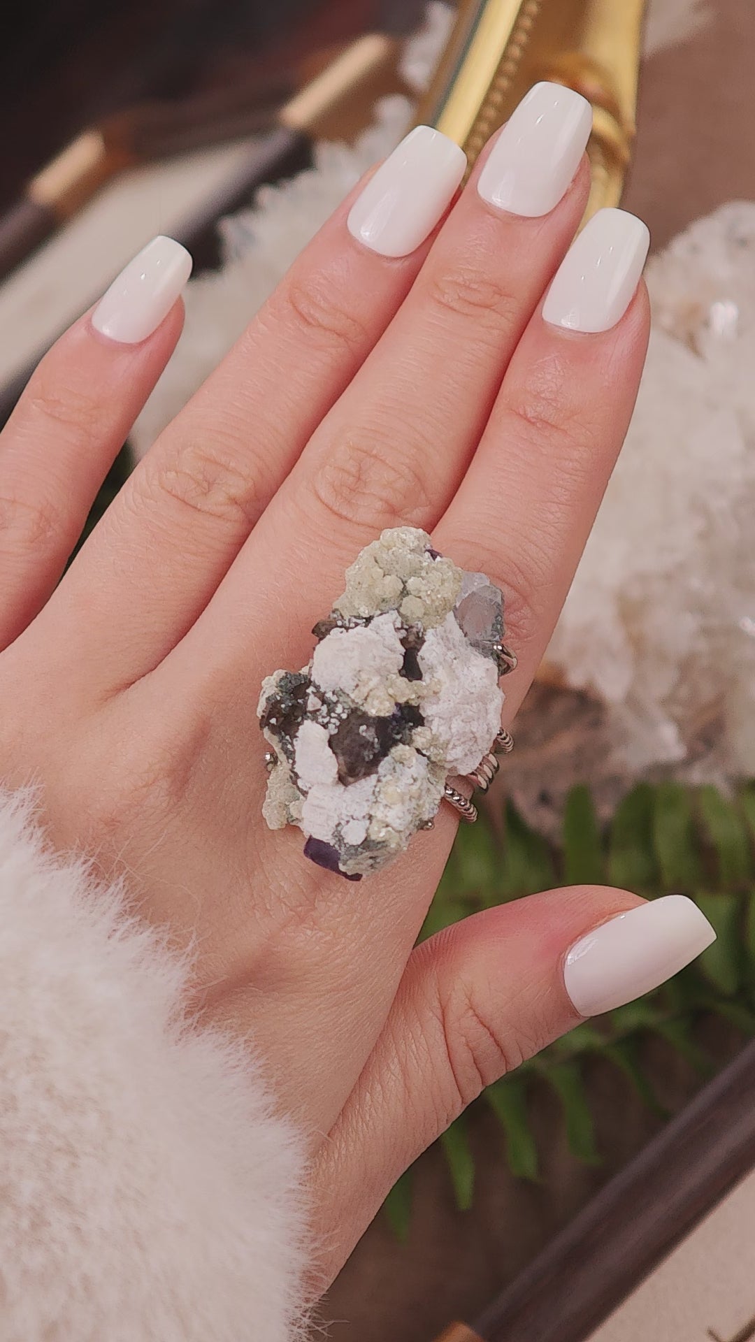 Raw Fluorite&Smoky Quartz&Mica Adjustable Ring – Natural Mineral Stone Ring, Handmade One of a Kind Jewelry-040