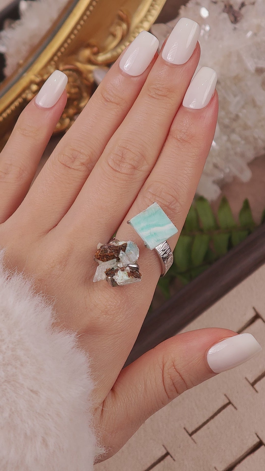 Raw Gypsum&Larimar Adjustable Ring – Natural Mineral Stone Ring, Handmade One of a Kind Jewelry-048