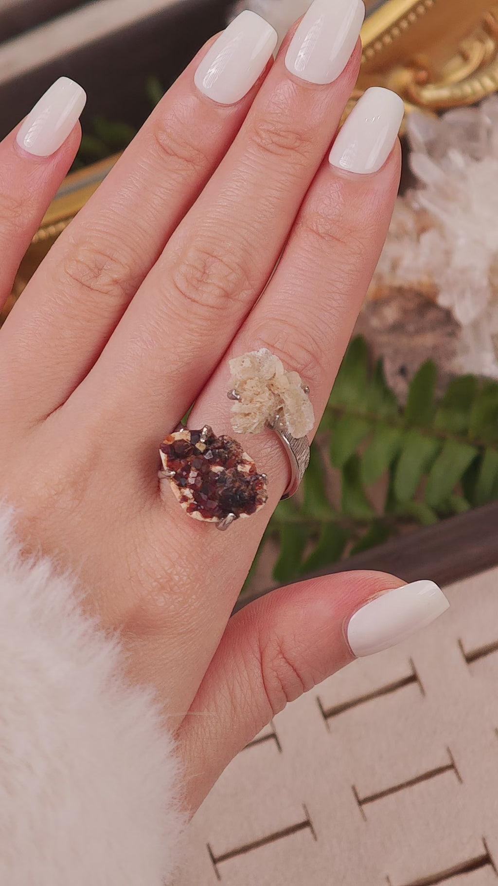 Raw Garnet&Calcite Adjustable Ring – Natural Mineral Stone Ring, Handmade One of a Kind Jewelry-066