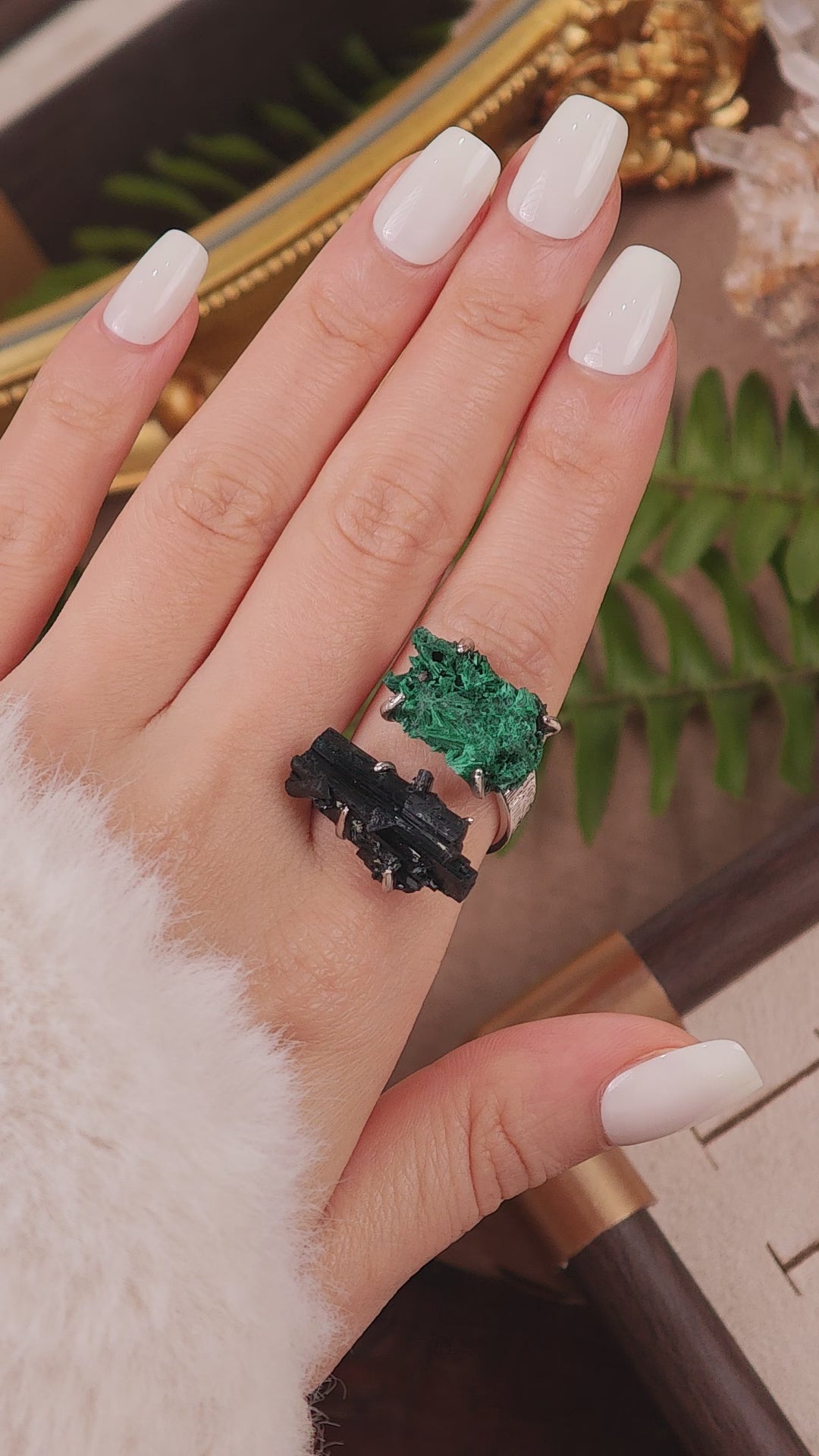 Raw Schorl&Malachite Adjustable Ring – Natural Mineral Stone Ring, Handmade One of a Kind Jewelry-047