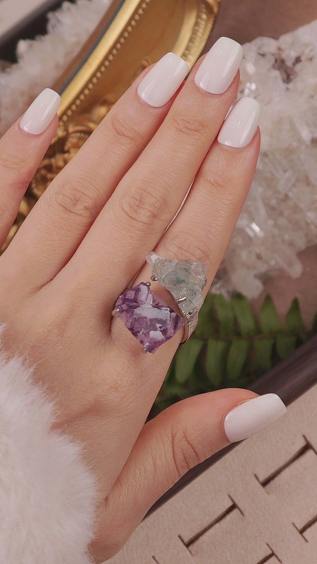 Raw Phantom Fluorite&Green Fluorite Adjustable Ring – Natural Mineral Stone Ring, Handmade One of a Kind Jewelry-051