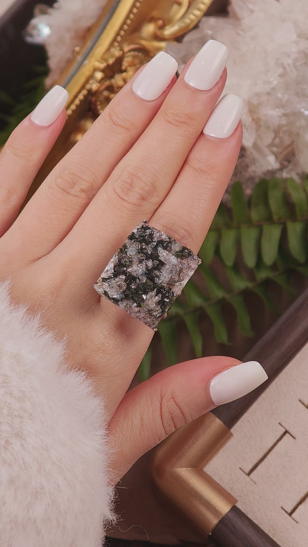 Raw Epidote&Crystal Adjustable Ring – Natural Mineral Stone Ring, Handmade One of a Kind Jewelry-038