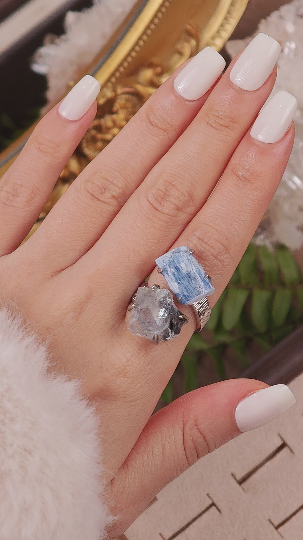 Raw Kyanite&Fluorite Adjustable Ring – Natural Mineral Stone Ring, Handmade One of a Kind Jewelry-058