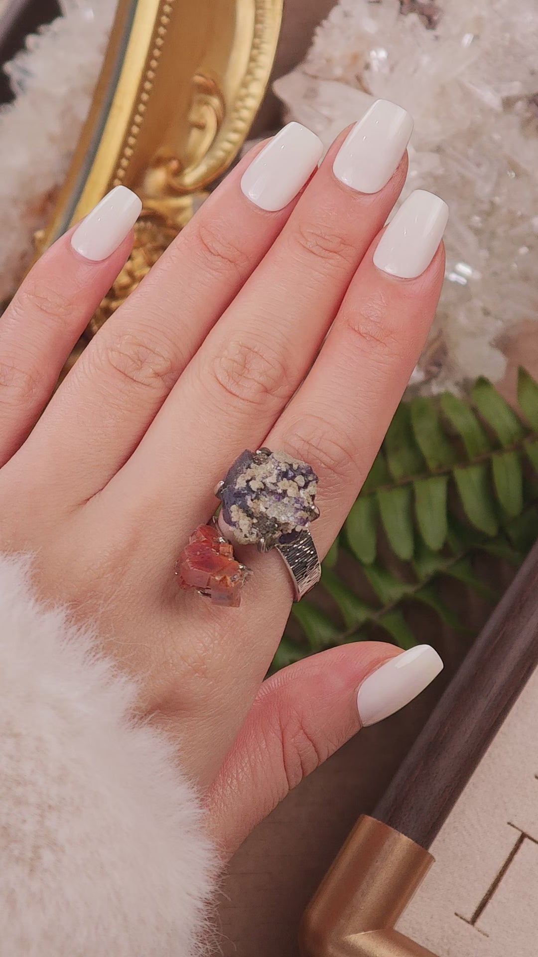 Raw Vanadinite&Phantom Fluorite Adjustable Ring – Natural Mineral Stone Ring, Handmade One of a Kind Jewelry-030