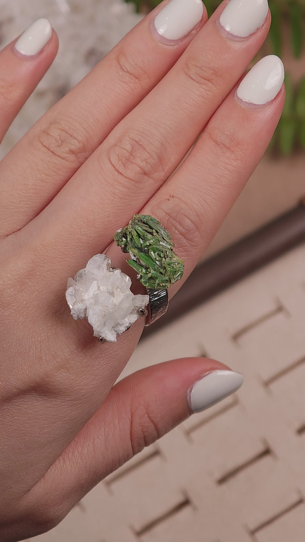 Raw Pyromorphite&Calcite Adjustable Ring – Natural Mineral Stone Ring, Handmade One of a Kind Jewelry-022
